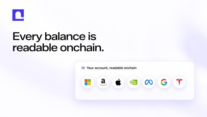 A promotional graphic with the text 'Every balance is readable onchain' features logos for Microsoft, Amazon, Apple, Nvidia, Meta, Google, and Tesla.