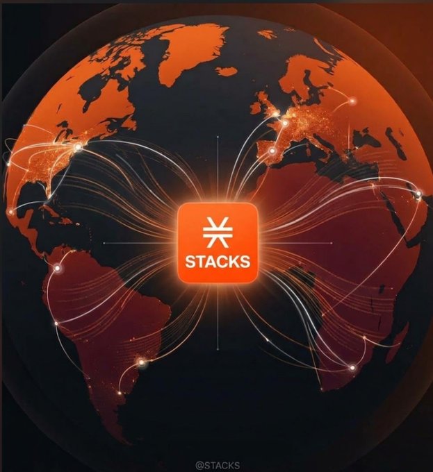 A promotional graphic featuring a stylized orange and dark globe with glowing connection lines radiating from a central 'STACKS' logo with its symbol, watermarked '@STACKS'.