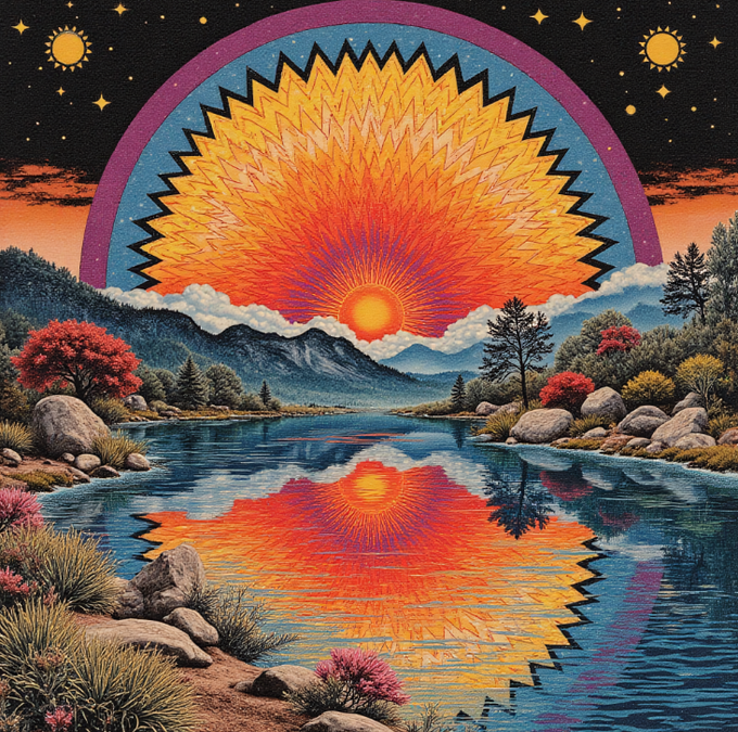 A vibrant psychedelic-style illustration of a sunburst over mountains reflected in a lake at sunset, featuring decorative celestial elements.