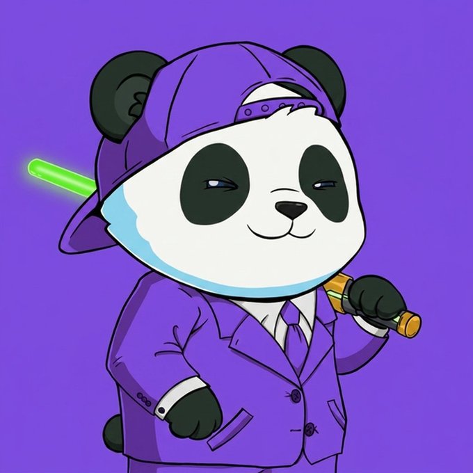 An illustration of a cartoon panda character wearing a purple suit, white shirt, tie, and backwards cap, holding a glowing green lightsaber and a small gold object against a purple background.