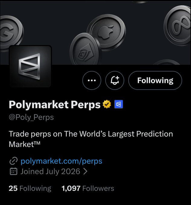 Social media profile for 'Polymarket Perps' (@Poly_Perps) displays 'Trade perps on The World's Largest Prediction Market' with 25 Following and 1,097 Followers.