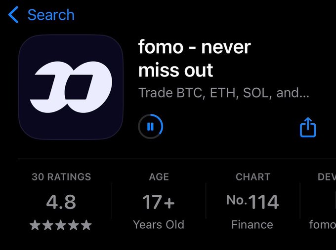 A screenshot of an App Store search result for the app 'fomo - never miss out', a 17+ Finance app rated 4.8 stars across 30 ratings, ranked #114, used for trading BTC, ETH, and SOL.