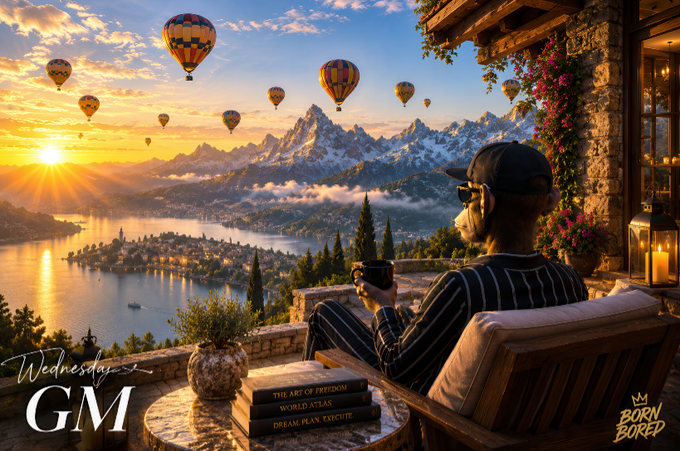 A digitally created scene of a person in striped pajamas sitting on a terrace overlooking a lake and mountains at sunset with hot air balloons, featuring 'Wednesday GM' and 'BORN BORED' text.