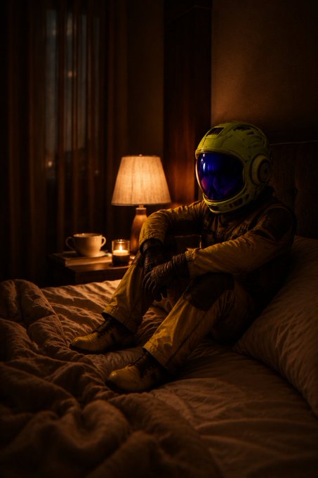 An astronaut in a yellow suit sitting on a bed in a dimly lit room, illuminated by warm light from a bedside lamp next to a cup and candle.