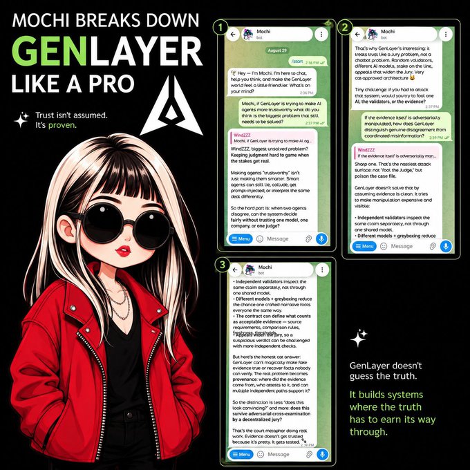 A promotional graphic titled 'MOCHI BREAKS DOWN GENLAYER LIKE A PRO' with an anime-style female character, showing three chat screenshots explaining GenLayer's AI validation system, accompanied by the tagline 'Trust isn't assumed. It's proven.'