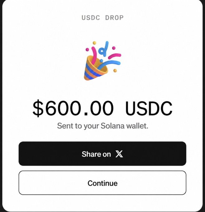 This image shows a notification confirming a "$600.00 USDC" drop sent to a Solana wallet, which aligns with the post about a free USDC allocation for AI users.