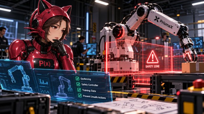 An anime-style character in a red armored suit and helmet monitors a PrismaX robotic arm in a factory setting, with holographic screens displaying 'P(x)', safety checklists, and a 'SAFETY ZONE' warning.