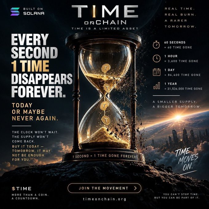 Marketing poster for '$TIME' token 'Built on Solana' featuring an hourglass with golden tokens, text stating 'EVERY SECOND 1 TIME DISAPPEARS FOREVER' and stats like '1 YEAR = 31,536,000 TIME GONE', promoting timeonchain.org.