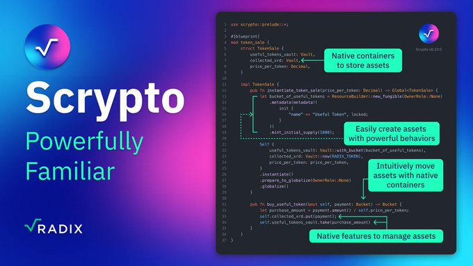 A Radix (Scrypto) promotional graphic showing code snippets labeled 'Native containers to store assets', 'Easily create assets with powerful behaviors', 'Intuitively move assets with native containers', and 'Native features to manage assets' under the tagline 'Powerfully Familiar'.