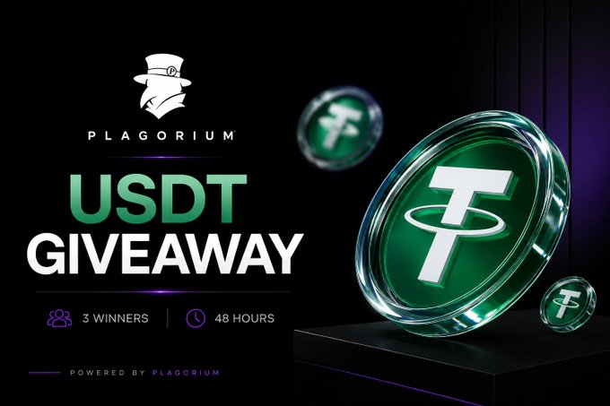 A promotional graphic for Plagorium announces a "USDT GIVEAWAY" featuring 3 winners over 48 hours, displaying stylized green Tether coins alongside the Plagorium logo, which complements the post's $100 giveaway split among three winners (50, 30, and 20 USDT) for participants who follow, mention KOLs, and submit a Solana wallet.