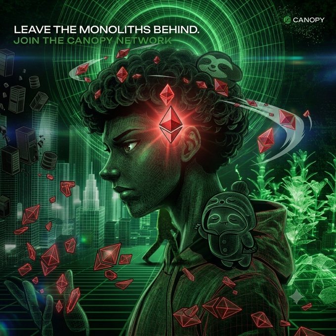 The image features an illustration of a person with a green hoodie and a large earring in their left ear. The background shows a cityscape filled with buildings and trees. The caption reads "join the canopy network", which suggests that this artwork is promoting the idea of joining together to create a protective layer for those who participate in the canopy network, similar to how a canopy protects against harsh weather conditions or provides shelter from the elements.