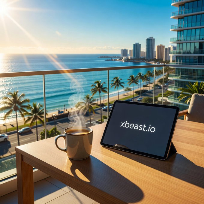 A scenic balcony view overlooking a coastal city with palm trees and ocean, featuring a steaming coffee mug and a tablet displaying 'xbeast.io' on a wooden table.