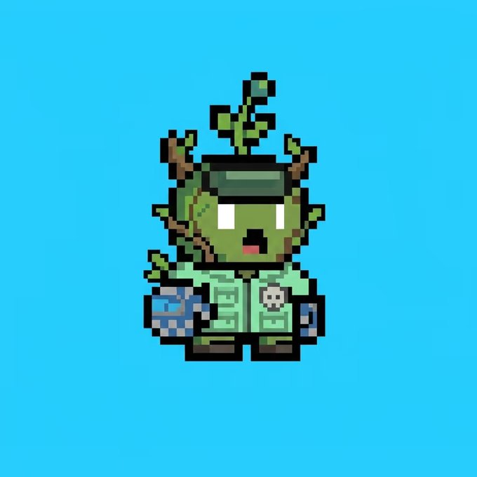A pixel art character with green skin, horn-like protrusions, and a sprouting plant on its head, wearing a jacket and holding a sword, set against a blue background—representing a rare NFT from the Min collection on OpenSea.