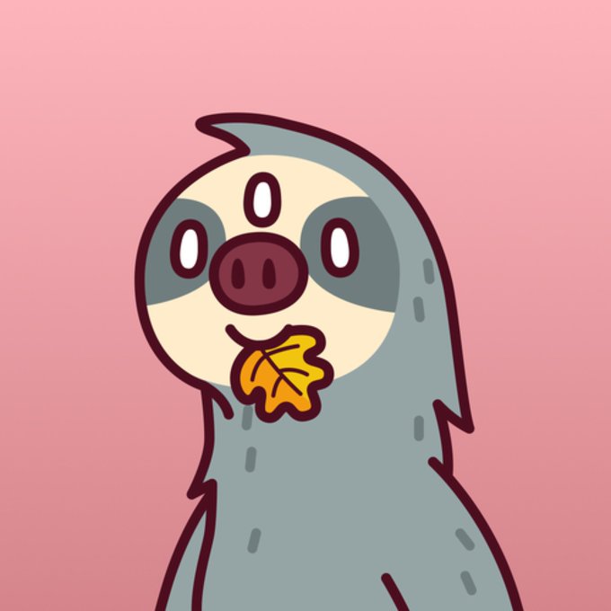 A cute cartoon illustration shows a happy sloth holding an autumn leaf in its mouth against a pink background. The cheerful creature likely represents the "little one" mentioned in the post—perhaps a crypto token, NFT, or collectible—that the user resisted buying but is glad to see going to a new owner.