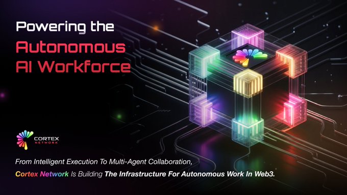 The image features the text "Powering the Autonomous AI Workforce" and the Cortex Network logo, symbolizing the infrastructure for autonomous work in Web3. This visually represents the concept described in the accompanying post about intelligent agents and multi-agent collaboration.