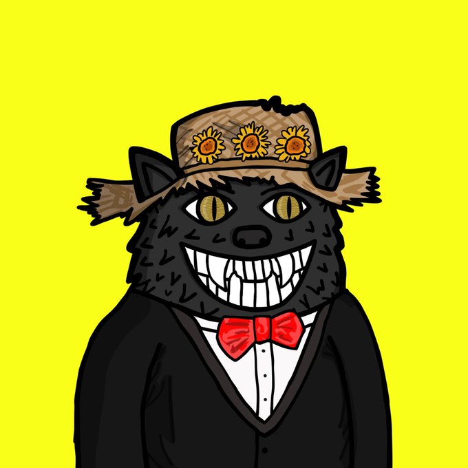 An illustration of a grinning black cat wearing a black suit, red bow tie, and a straw hat decorated with sunflowers against a yellow background.