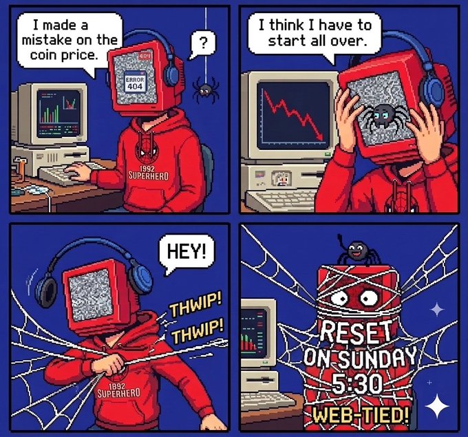A four-panel comic featuring a character with a retro computer monitor for a head wearing headphones and a red '1992 SUPERHERO' hoodie, who says 'I made a mistake on the coin price,' 'I think I have to start all over,' and 'HEY!' as a spider shoots webs at them, culminating in a 'RESET ON SUNDAY 5:30 WEB-TIED!' announcement.