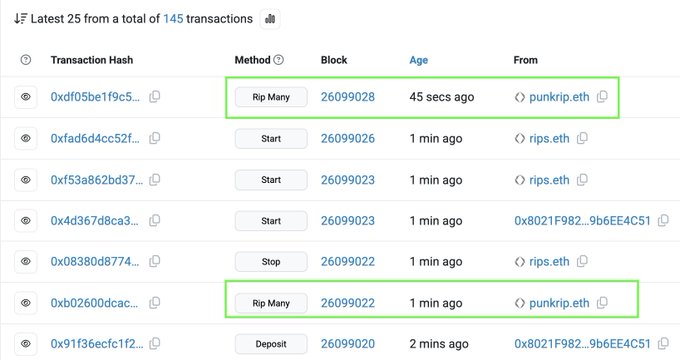 A blockchain transaction log showing the latest 25 of 145, with two 'Rip Many' transactions highlighted in green from punkrip.eth and ripples.eth.
