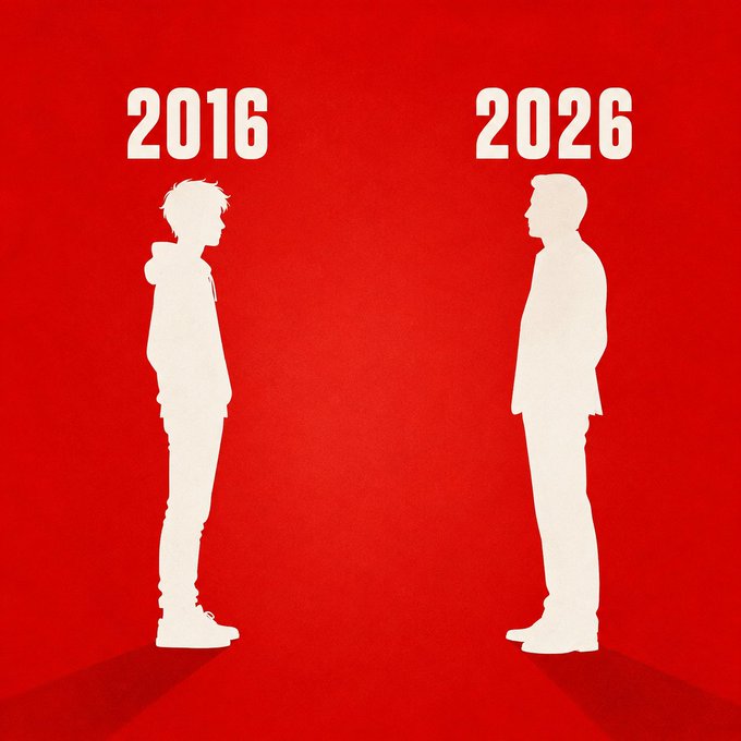 A graphic on a red background shows two white silhouettes of a person labeled '2016' (younger, slimmer) and '2026' (older, heavier), illustrating a decade of physical change.