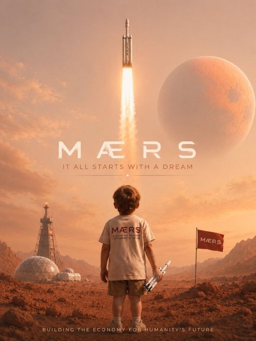 A young boy stands on Mars' surface holding a model rocket, watching a rocket launch toward the planet with a "MÆRS" banner reading "IT ALL STARTS WITH A DREAM" and "BUILDING THE ECONOMY FOR HUMANITY'S FUTURE," tying into the post's theme of $MARS as an ambitious, long-term Ethereum project.