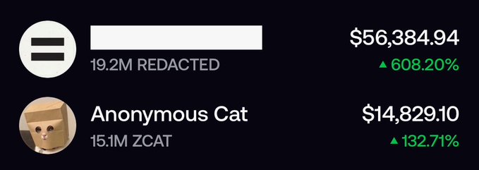 A crypto wallet interface showing a redacted address with $56,384.94 (up 608.20%) and 'Anonymous Cat' with $14,829.10 (up 132.71%).
