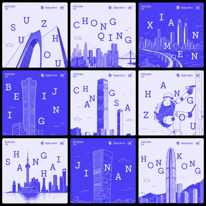 A grid of nine blue and white graphic illustrations for the 'Injective Builder Up' campaign, each featuring city names (Suzhou, Chongqing, Xiamen, Beijing, Changsha, Hangzhou, Shanghai, Jinan, Hong Kong) overlaid on stylized cityscapes.