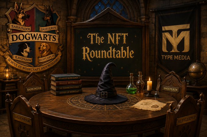 A magical, wizard-themed digital illustration titled 'The NFT Roundtable' features a pointed witch's hat resting on a round table surrounded by dog breed crests including Barkindor, Snieferin, Ravenpaw, and Hufflepup, alongside a Type Media banner.