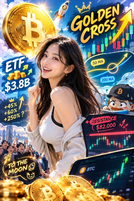 A vibrant crypto-themed illustration shows a woman posing amid Bitcoin coins, rockets, rising charts, and cheering crowds, with “GOLDEN CROSS,” “50 MA,” “200 MA,” “ETF $3.8B,” and resistance at “$82,000” highlighted. It visualizes the post’s claim that Bitcoin’s 50-day moving average has crossed above its 200-day average—a bullish “golden cross” not seen in 280 days.