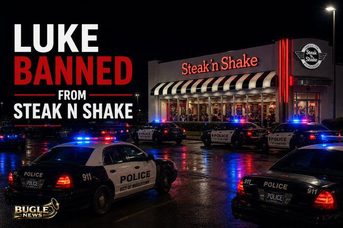 The image shows a Steak 'n Shake restaurant at night surrounded by multiple police cars with flashing lights, with bold red and white text reading "LUKE BANNED FROM STEAK N SHAKE" and a Bugle News logo in the corner, illustrating the dramatic consequence of Luke Dash Jr.'s removal from the restaurant chain nationwide.