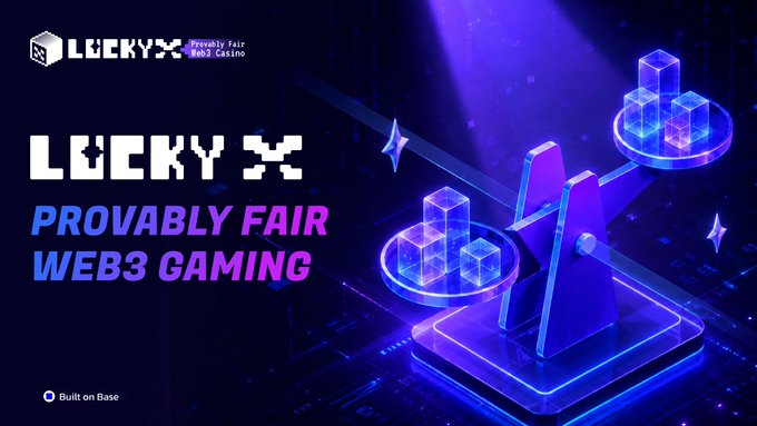 A promotional graphic for "LUCKY X" provably fair Web3 gaming platform with a neon purple and blue aesthetic, featuring 3D cubes and a "Built on Base" logo.