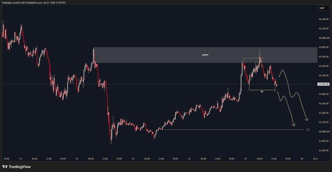 A TradingView chart of US100 (Nasdaq 100) on a 15-minute timeframe dated July 27, 2025, shows price action rejecting from a highlighted supply zone and sweeping below recent lows, with a projected bearish path drawn in white — visually illustrating the trading plan's "rejected supply" and "bearish local sweep" setup awaiting a market structure (MS) breakdown trigger.