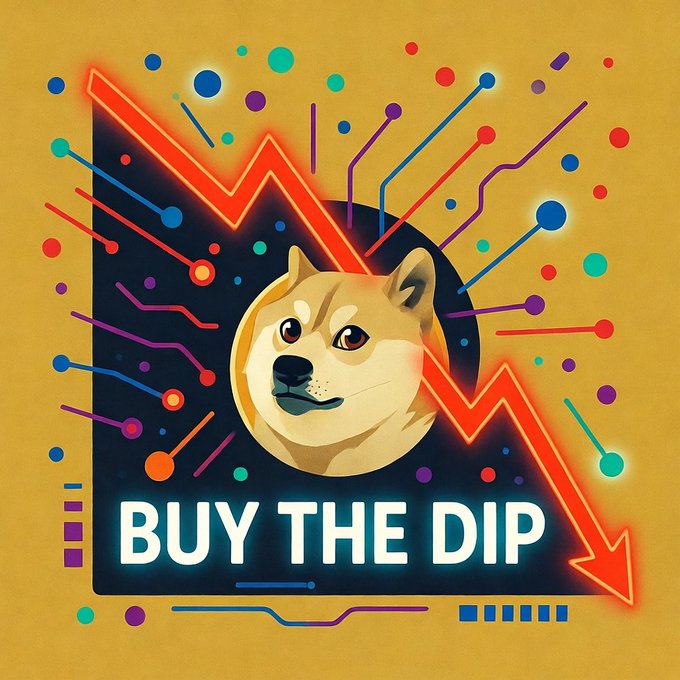 The image features a dogecoin dog, surrounded by a gradient of colors that includes neon shades of red, green, blue, yellow, purple, pink, orange, and white, creating an abstract pattern resembling the Dogecoin logo. At the top right corner of the image, there is text that reads "Buy The Dip".