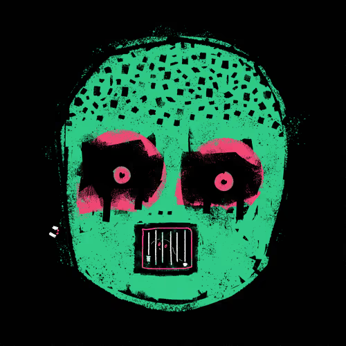 A stylized illustration depicts a green mask-like face with large black eyes featuring pink accents and a barred mouth against a solid black background.