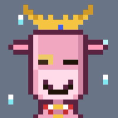 A pixel-art illustration of a pink square character wearing a yellow crown, displaying a smiling face with a red tongue, set against a gray background.
