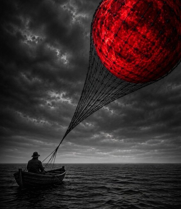 The image features an artist's interpretation of a man fishing at night, with a large red ball floating above him as he casts his net into the water. The scene is set against a dark sky filled with clouds, creating a dramatic atmosphere that complements the overall theme of the artwork. The caption to the image reads "All night, he hunted the moon. He cast his net into the night, and caught a piece of longing" which suggests that the artist has captured a moment of solitude or contemplation during the fishing process.