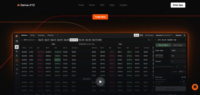 A screenshot of the Derive.XYZ options trading platform showing an options chain for ETH with a 'Trade Now' button and dark theme interface.