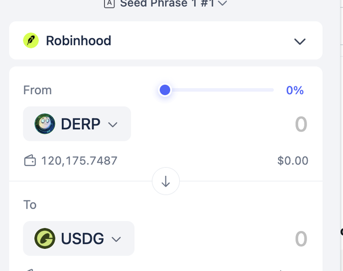 A Robinhood wallet interface shows a token swap from DERP (120,175.7487 tokens, $0.00) to USDG at 0%, paired with the poster's mention of holding only $DERP from the Stonkbroker ecosystem and considering selling if it doubles.