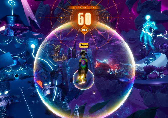 The image features a video game scene with a character standing inside an orange circle, which appears to be a portal or entrance to another world. The character's name tag reads "Bene" as they explore this new environment. In the background, there are other characters and elements that contribute to the immersive gaming experience. The post about the game level also mentions a character named "Bene", possibly referring to the player who unlocked the maximum level in the game.