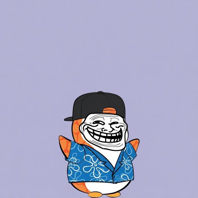 A cartoon trollface meme character wearing a backwards black cap and blue Hawaiian shirt, set against a light purple background.