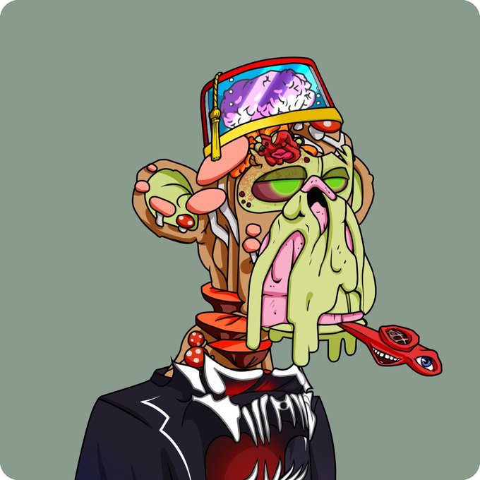 A surreal, colorful cartoon character wearing a suit, featuring a melting face with green slime, a fish bowl hat, and various bizarre elements.