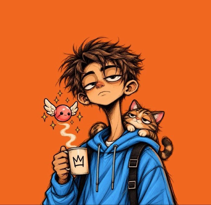 A cartoon illustration of a tired-looking boy in a blue hoodie holding a steaming mug with a crown logo, accompanied by a small orange cat on his shoulder and a pink winged creature floating nearby against an orange background.