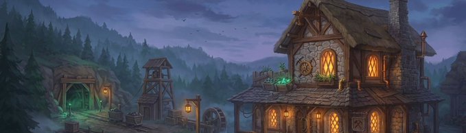 A fantasy digital illustration of a rustic wooden house with glowing windows at dusk, set in a misty forest with a mining structure and water wheel nearby.
