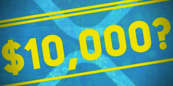 A bold graphic featuring the text '$10,000?' in large yellow letters against a blue background with subtle digital/numerical patterns.