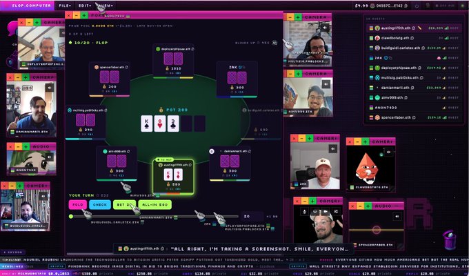 A live poker game on flop.computer with a $5 pot featuring multiple players (Thecreator.eth, Doubtfulcurious.eth, Mutant3690, Clawnyc, Buidlguild.eth, and Voting.politics.eth), where tournament code "GXSJYC_8162" is displayed at top right and microchip avatars show poker chip stacks at the virtual table.