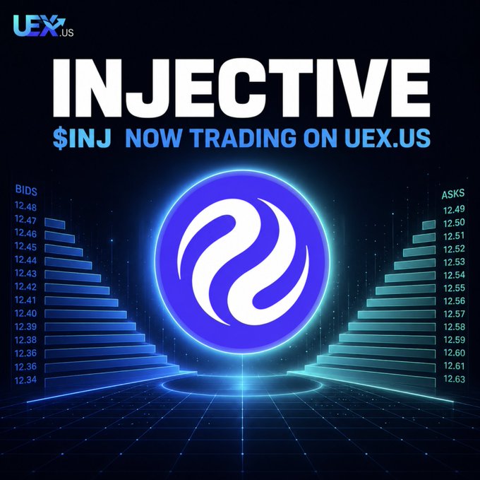 A promotional graphic announcing 'INJECTIVE $INJ NOW TRADING ON UEX.US,' featuring the Injective logo displayed against a futuristic blue background with bid and ask price ladders.