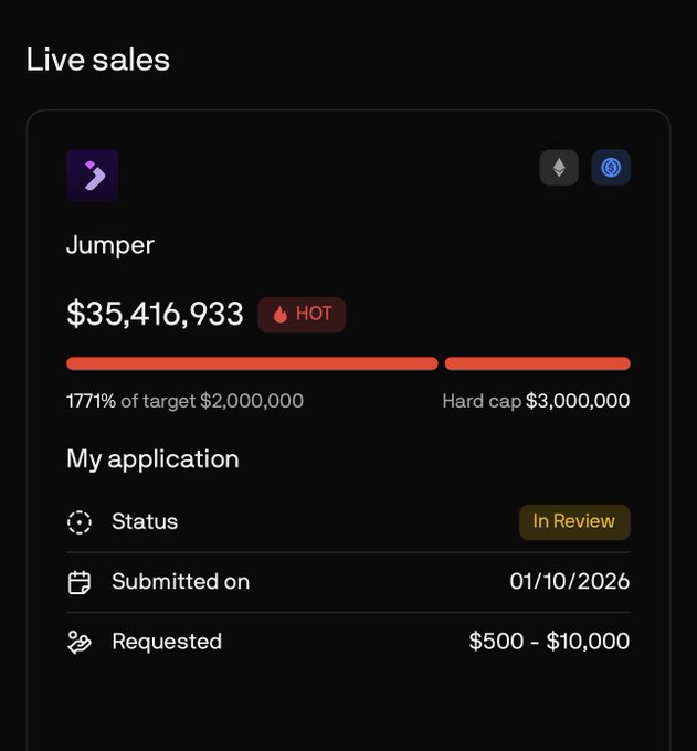 A Live sales dashboard displays the Jumper ICO raising $35,416,933, marked as "HOT" with a progress bar showing 1771% of the $2,000,000 target against a $3,000,000 hard cap. Below, an application status shows "In Review," submitted on 01/10/2026 with a requested amount of $500 - $10,000, illustrating the overwhelming demand highlighted in the post.