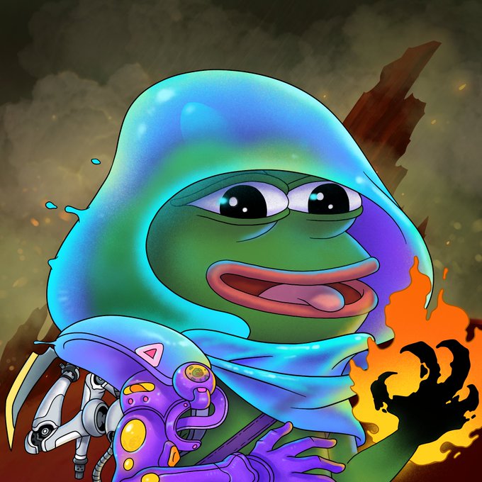 Digital artwork of a Pepe the Frog character wearing a translucent blue hood, with cybernetic armor, set against a fiery apocalyptic background.