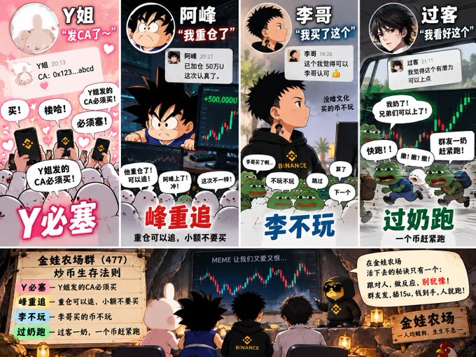 A Binance-themed meme illustrates a "Frog Group Survival Three-Character Classic" trading strategy, featuring characters Y妞 (Y must plug CA), 阿峰 (峰 heavy chase), 李哥 (李 won't play), and 过客 (过 milk run) reacting to meme coin launches like CA, with the group fleeing the "金蛙农场" (Golden Frog Farm) while Binance's Mek recites rules such as "group friends send, lick fifteen."