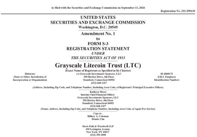 An SEC Form S-3 Registration Statement filing from Grayscale Litecoin Trust (LTC), filed September 11, 2026, with Registration No. 333-290130.