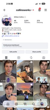 An Instagram profile page for 'collinsworks' displays 68 posts, 2,011 followers, and 273 following, with a grid of photos showing a young man in various settings.